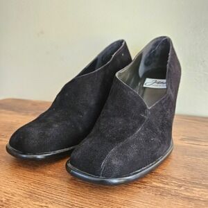 Vtg 90s Jazz Made in Spain Black‎ Suede Leather Chunky Block Heels Women's Shoes